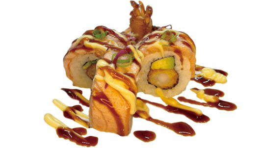 Aburi Salmon
Lachs flambiert,
mit Ebi Tempura,
Avocado, Mayo,
Unagi-Sauce