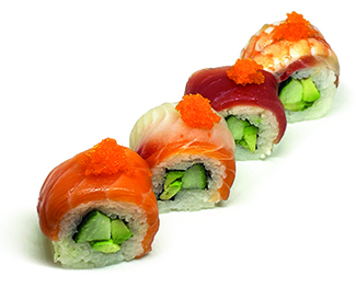 Rainbow Rolle
mit Lachs, Thunfisch,
Garnele, Tilapia, Masago,
Avocado, Gurke